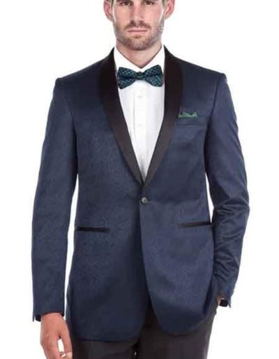 Renoi Men's Shawl Collar 1 Button Blue Textured Tuxedo Slim Fit Double Vent Blazer