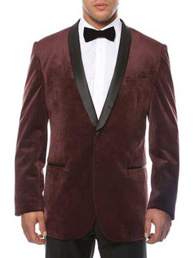 Men's 1 Button Burgundy ~ Wine ~ Maroon Blazer - Sport Coat Shawl Lapel Black Velvet Sheen Two Toned With Black Lapel Side Vented Men's blazer Burgundy Blazer - Sport Coat