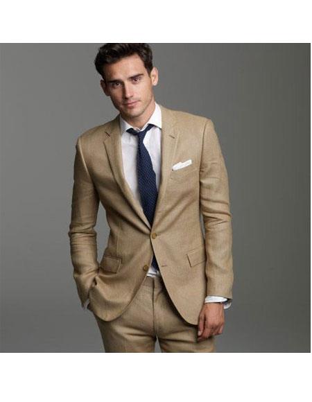 Men's Summer Wedding Khaki ~ dark tan 2 b Button Linen Groomsmen Suits groom Suits Jacket & Pants