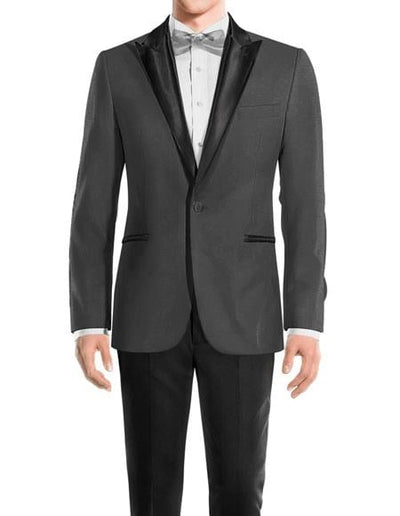 Men's One Button Peak Black Lapel Medium Grey tuxedo - Mens Grey And Black Tuxedo Wedding - Charcoal Grey Tuxedo
