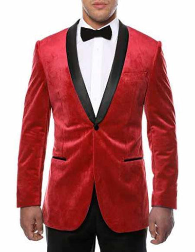 Men's Red Two Toned With Black Lapel Side Vented Velvet Velour Blazer