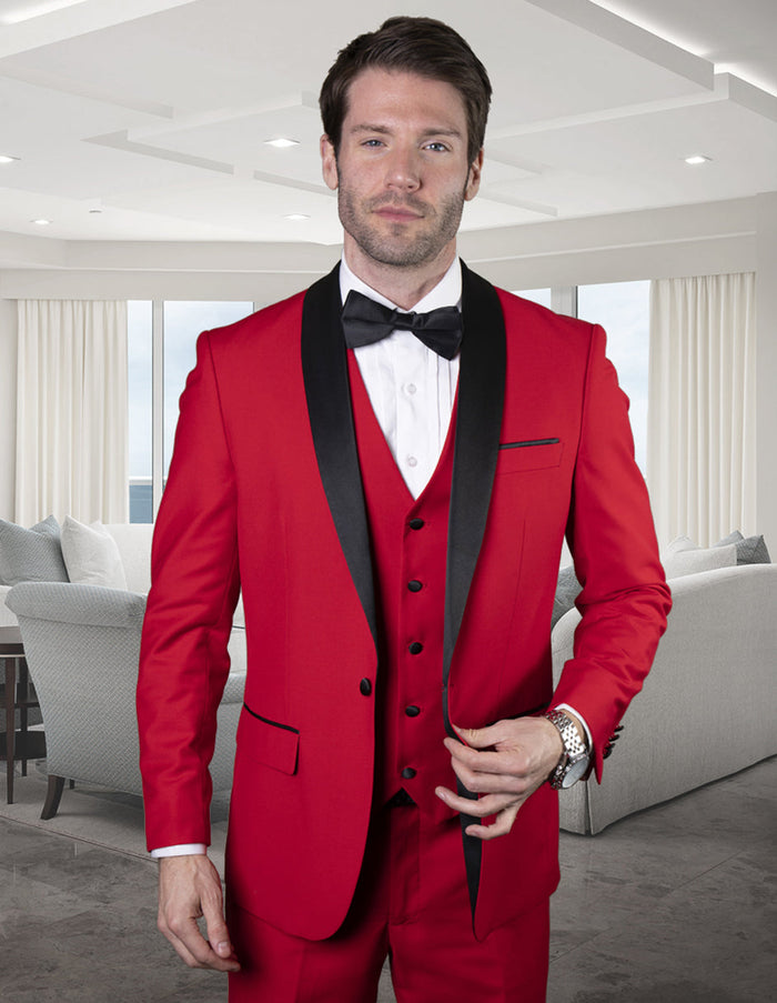 Modern Fit Red Shawl Collar Vested Tuxedo