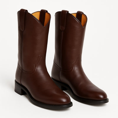 Men's Original Michel Genuine Deer Leather Brown Pull On Roper With Leather Sole Dress Cowboy Boot Cheap Priced For Sale Online