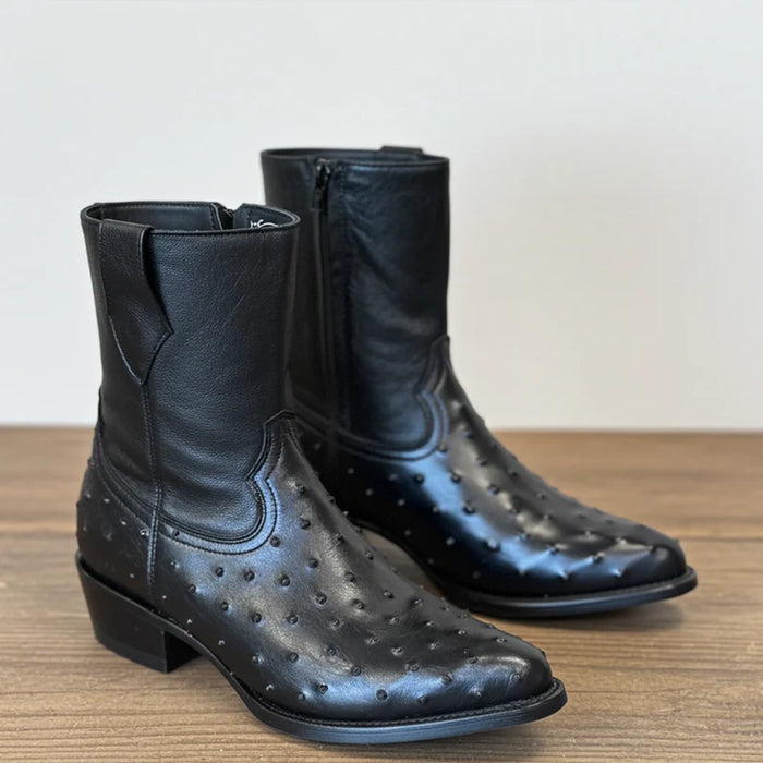 Mens White Diamond Boot Black Ostrich Print Boots Low Ankle J-Toe