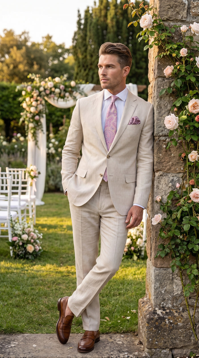 Men’s Natural Linen 2 Piece Suit, Two Button Regular Fit Summer Wedding Dress Suit