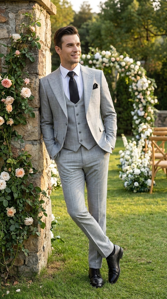 Rossi Man TOM RM1851 Men’s Light Grey Windowpane 3 Piece Suit, Formal Wedding Prom Dress Suit