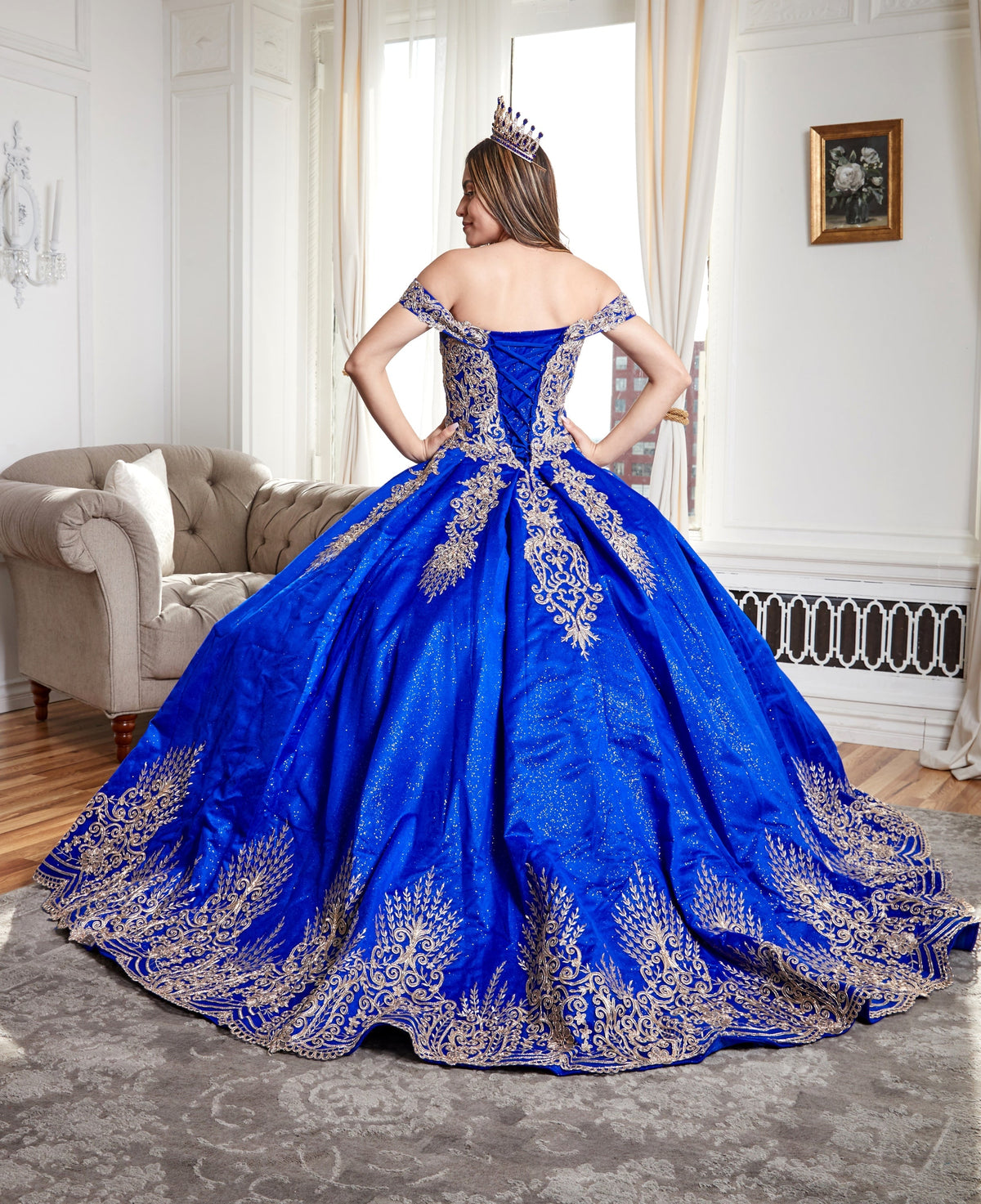 Glitter Embroidered Quince Dress Applique Off Shoulder Ball Gown by Calla KY72838