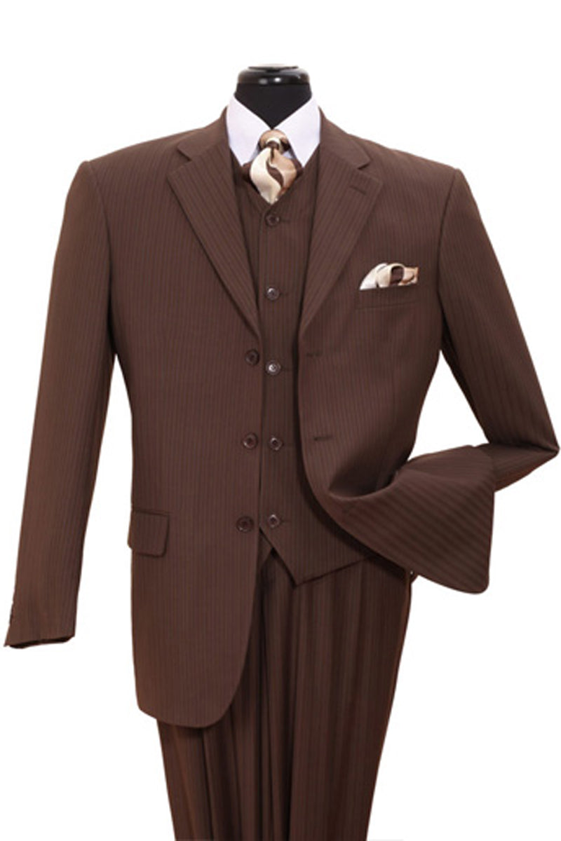 Mens Vested Wide Tonal Stripe Suit Brown
