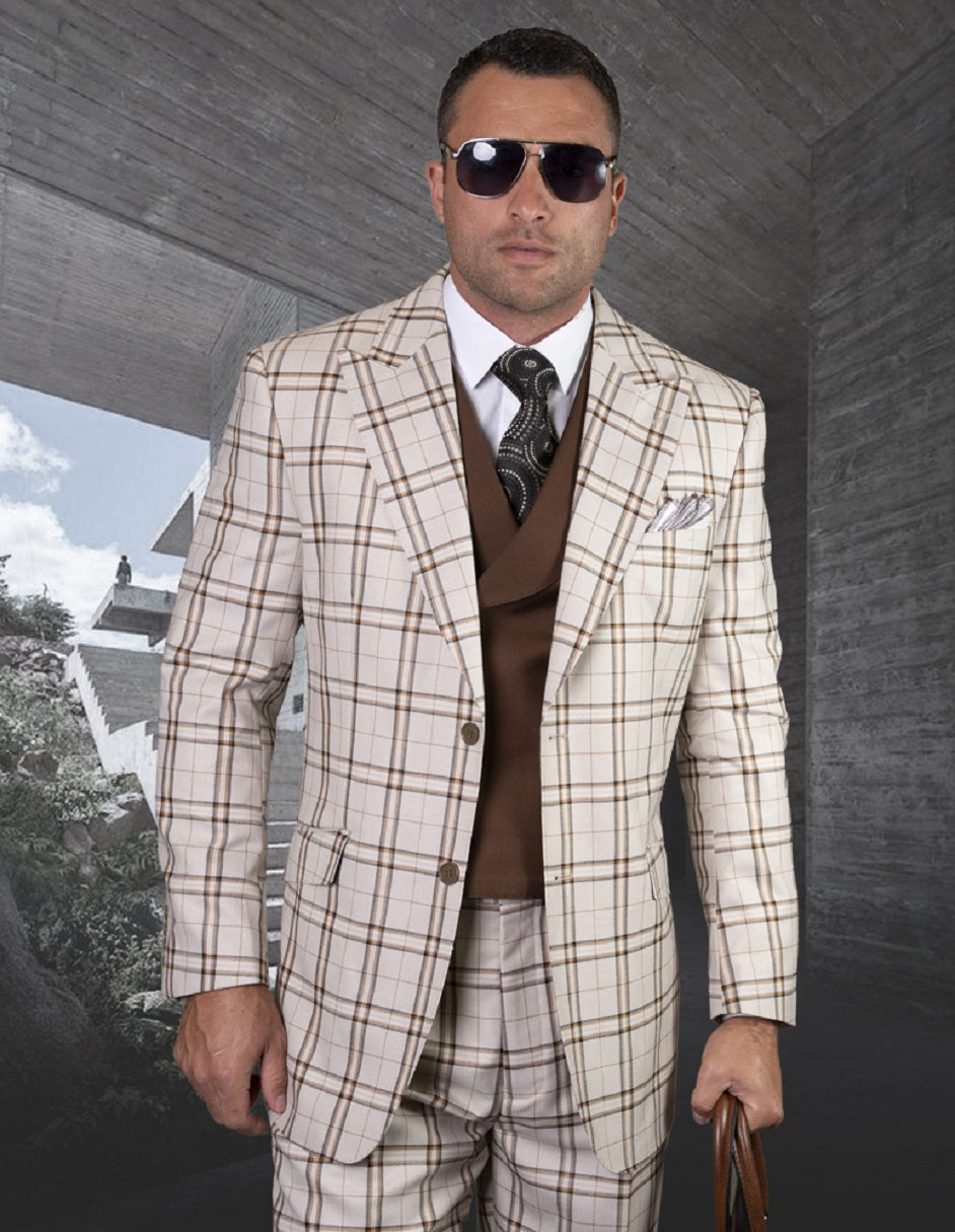 Tan Windowpane Wool Suit with Vested Detail