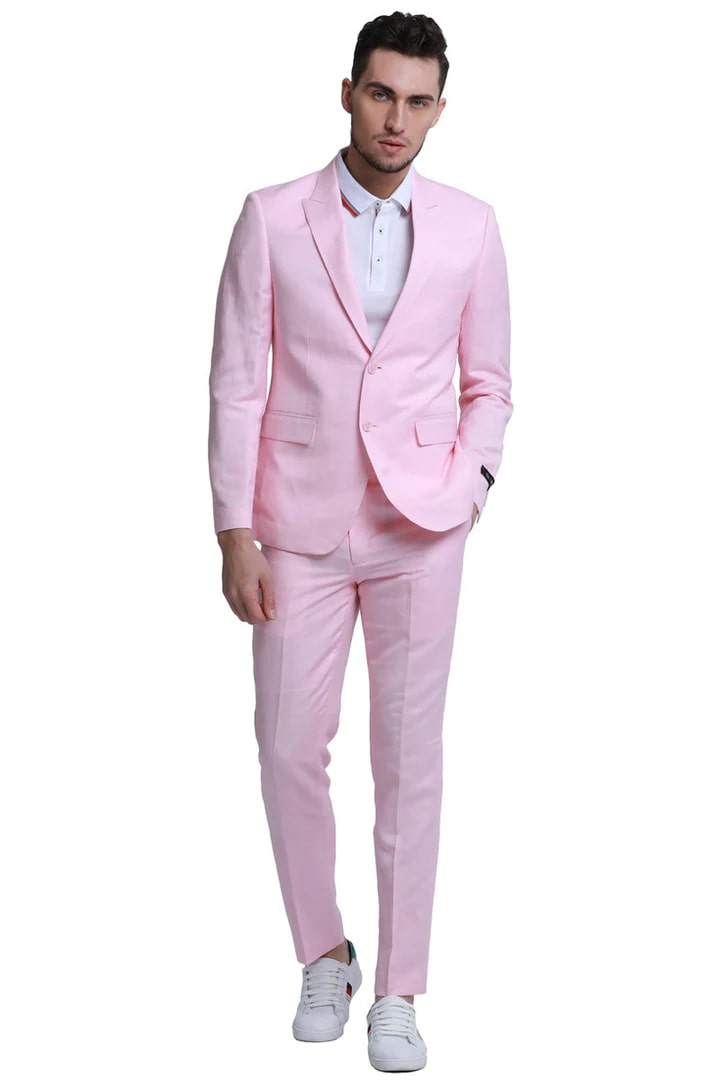 Men's Peak Lapel Linen Style Pink Suit