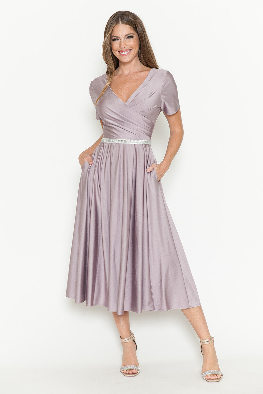 Lenovia 5274 V-Neck Short Sleeve Midi Cocktail Dress with Rhinestone Waist Formal & Wedding Guest Attire