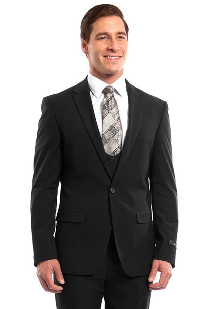 One Button Peak Lapel Skinny Prom Suit Black