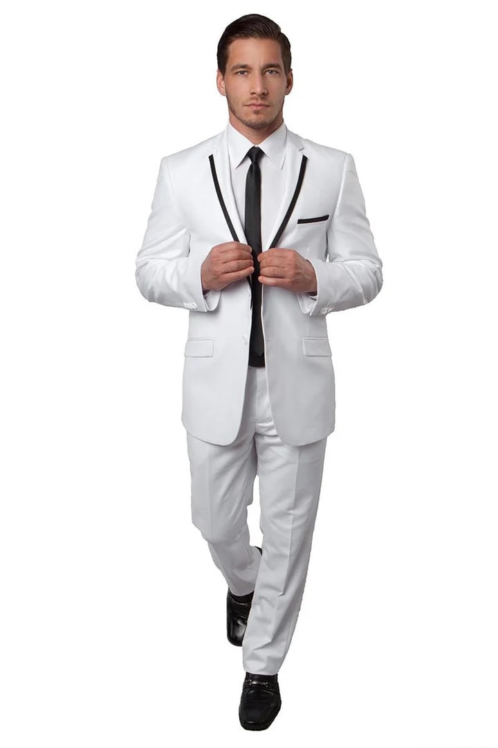 Men's Slim Fit White Tuxedo with Black Piping