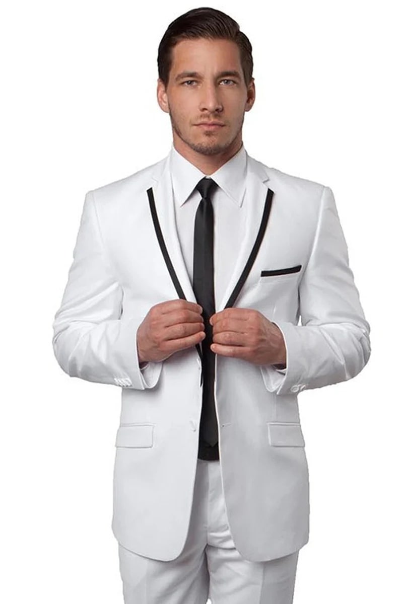 Men's Slim Fit White Tuxedo with Black Piping