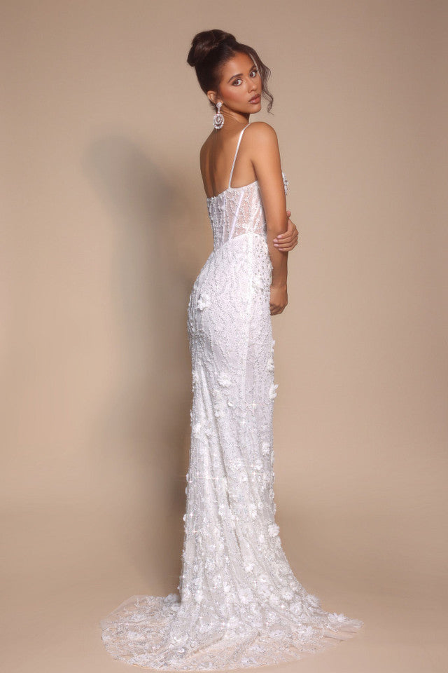 Floral Beaded Corset Evening Gown with Slit Spaghetti Strap Prom Dress by Portia & Scarlett PS25294