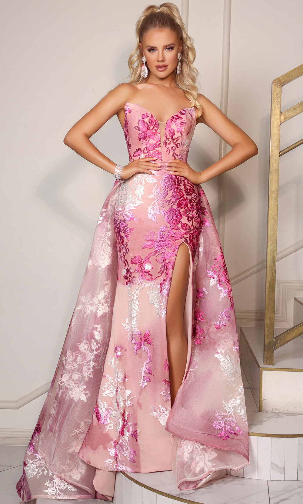 Strapless Floral Gown with Illusion Neckline by Portia and Scarlett