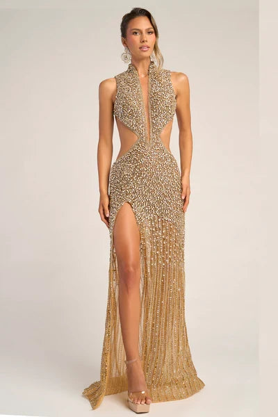 Portia and Scarlett PS25988C Halter Cut Out Sexy Beaded Prom Dress