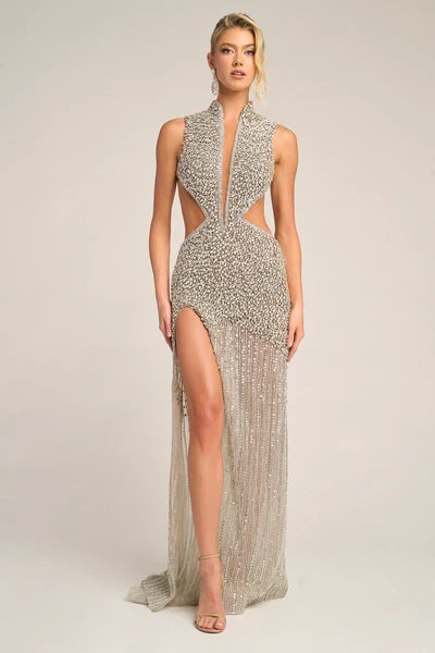 Portia and Scarlett PS25988C Halter Cut Out Sexy Beaded Prom Dress