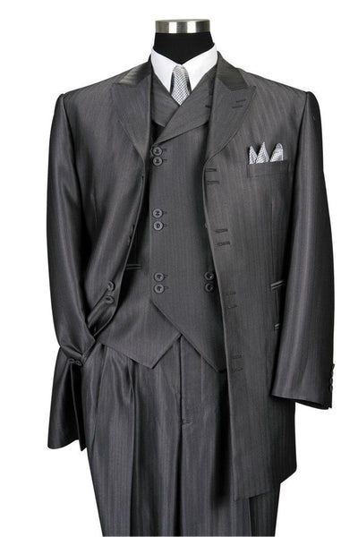 Mens Vested Peak Lapel Herringbone Ton on Ton Stripe Fashion Zoot Suit in Grey