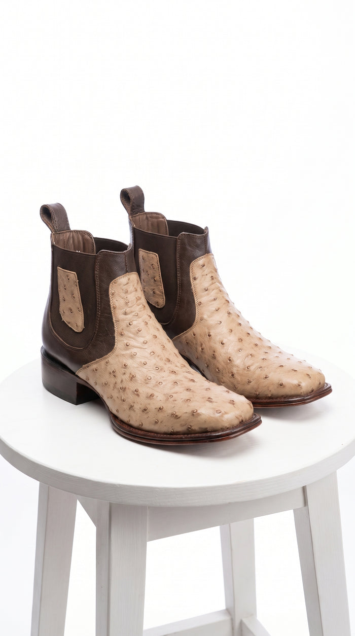 Men’s Los Altos Moka Ostrich Short Boots, Wide Square Toe Exotic Western Dress Boots