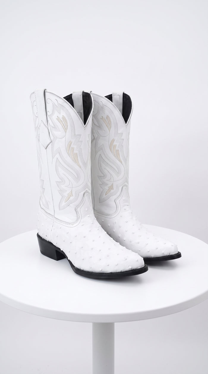 Men’s White Print Ostrich Western Boots, Exotic Cowboy Dress Boots for Wedding and Country Wear