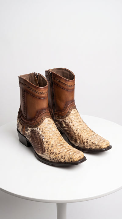 Men’s Natural Python Skin European Toe Short Boots, Brown Western Dress Ankle Boots