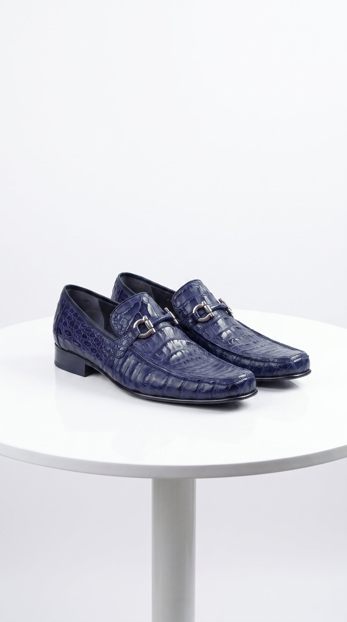 Men’s Navy Genuine Caiman Belly Loafers, Crocodile Texture Exotic Formal Dress Shoes