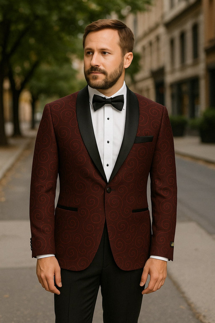 Paisley-300 Burgundy and Black Tuxedo Blazer