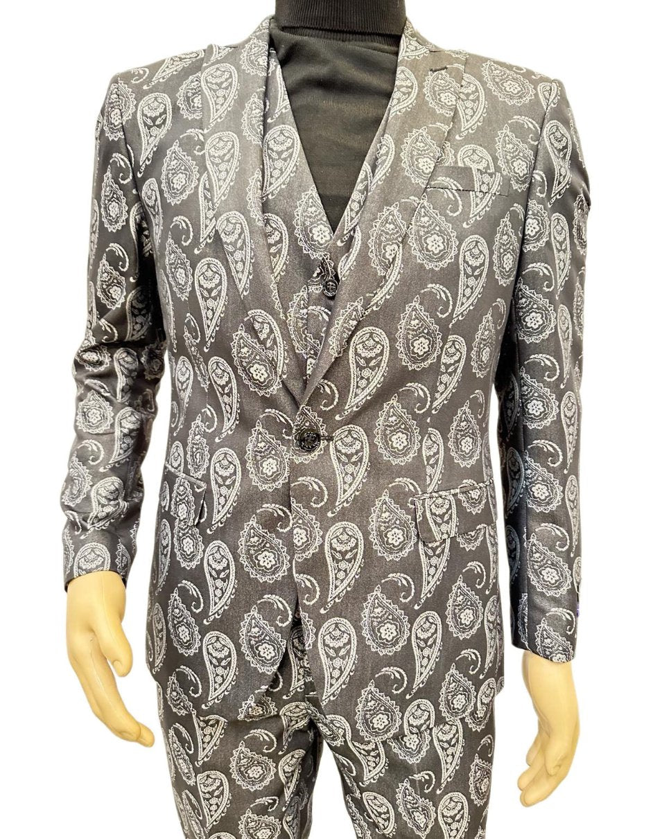 Paisley Slim Fit Charcoal Prom Suit