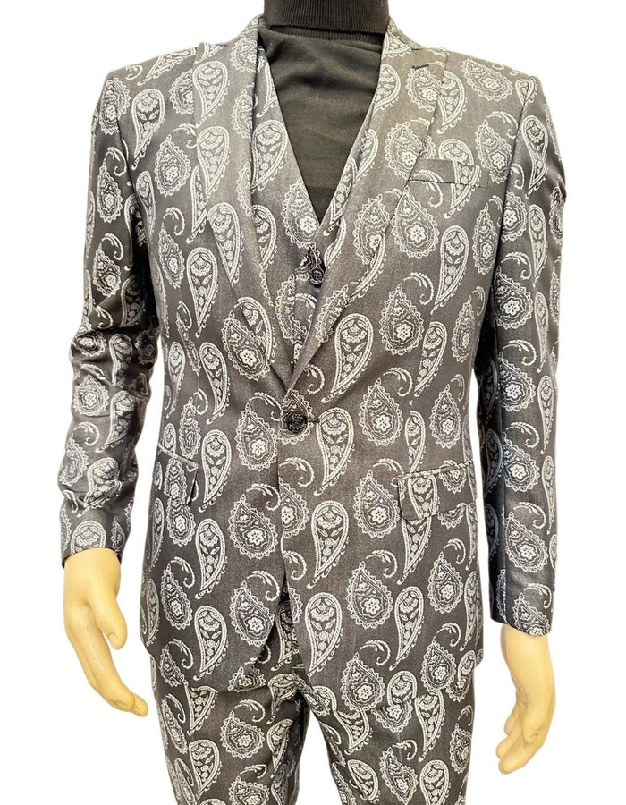 Paisley Slim Fit Charcoal Prom Suit