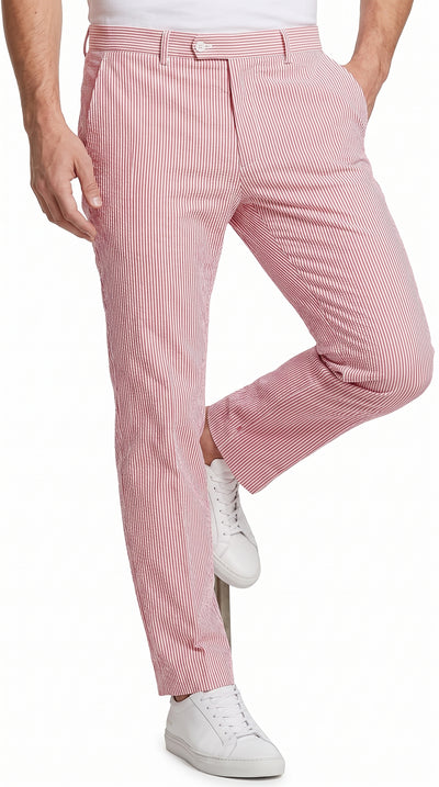 Men’s Red Seersucker Stretch Pants, Lightweight Summer Dress Slacks