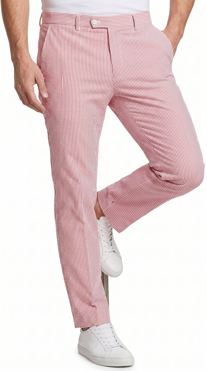 Men’s Red Seersucker Stretch Pants, Lightweight Summer Dress Slacks