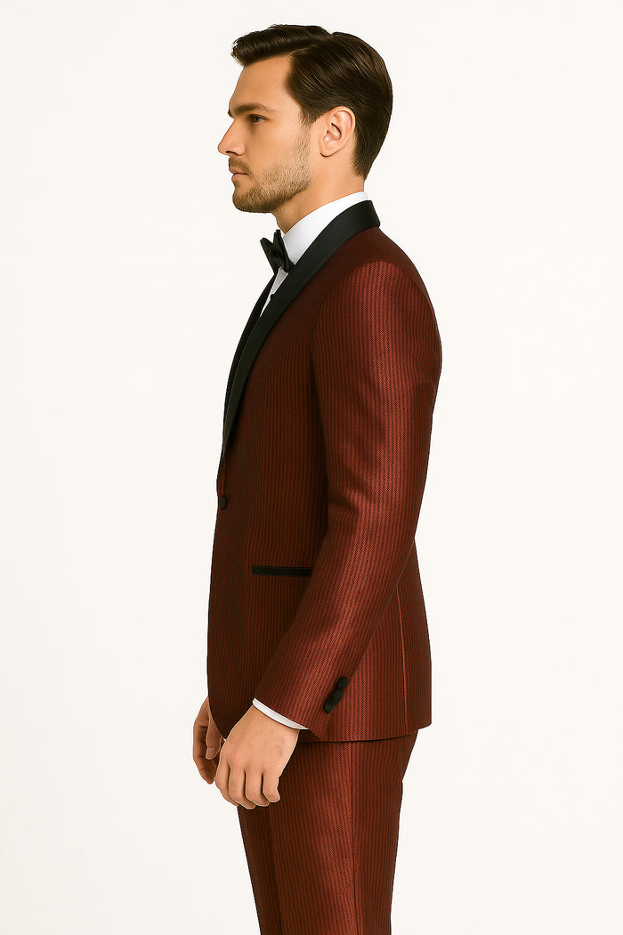 Men's Burgundy Shiny Tuxedo with Black Satin Shawl Lapel – Ultra Slim Fit Party & Prom Suit