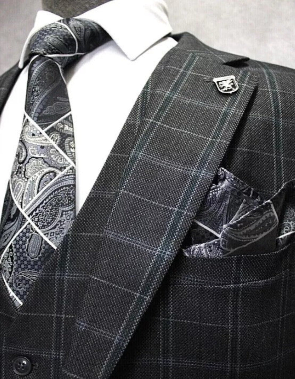 Three Button Plaid Notch Lapel Suit for Men