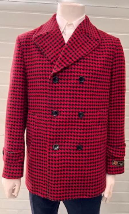 Men's Plaid Pattern Peak Lapel Peacoat Red