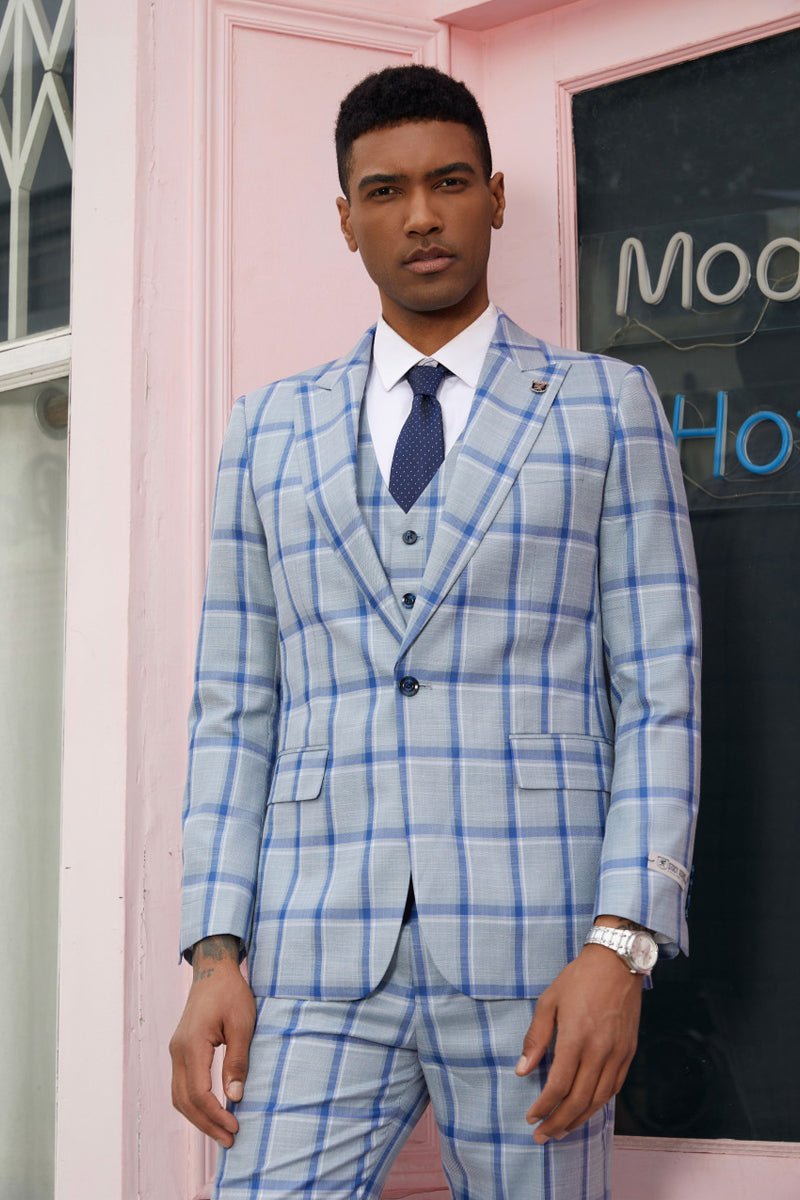 Stacy Adams Blue Windowpane Vested Peak Lapel Suit