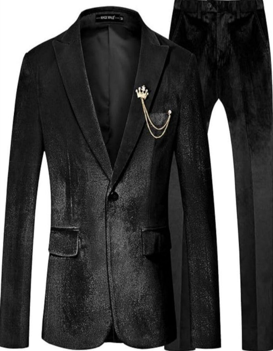 One Button Peak Label Slim Fit Suit Black