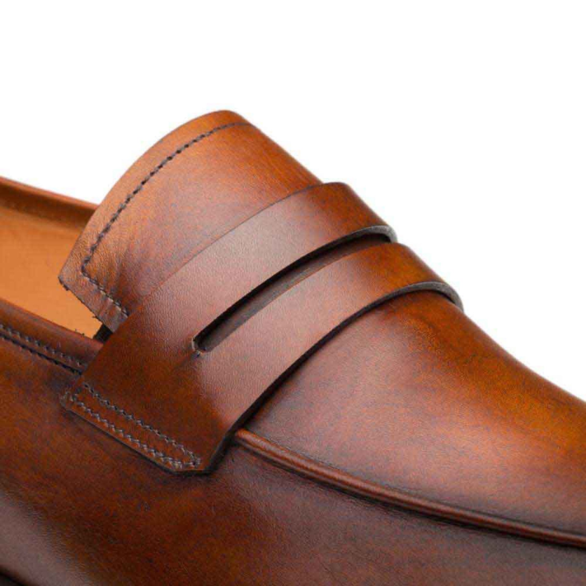 Mezlan Cognac Burnished Calfskin Penny Loafer Shoes