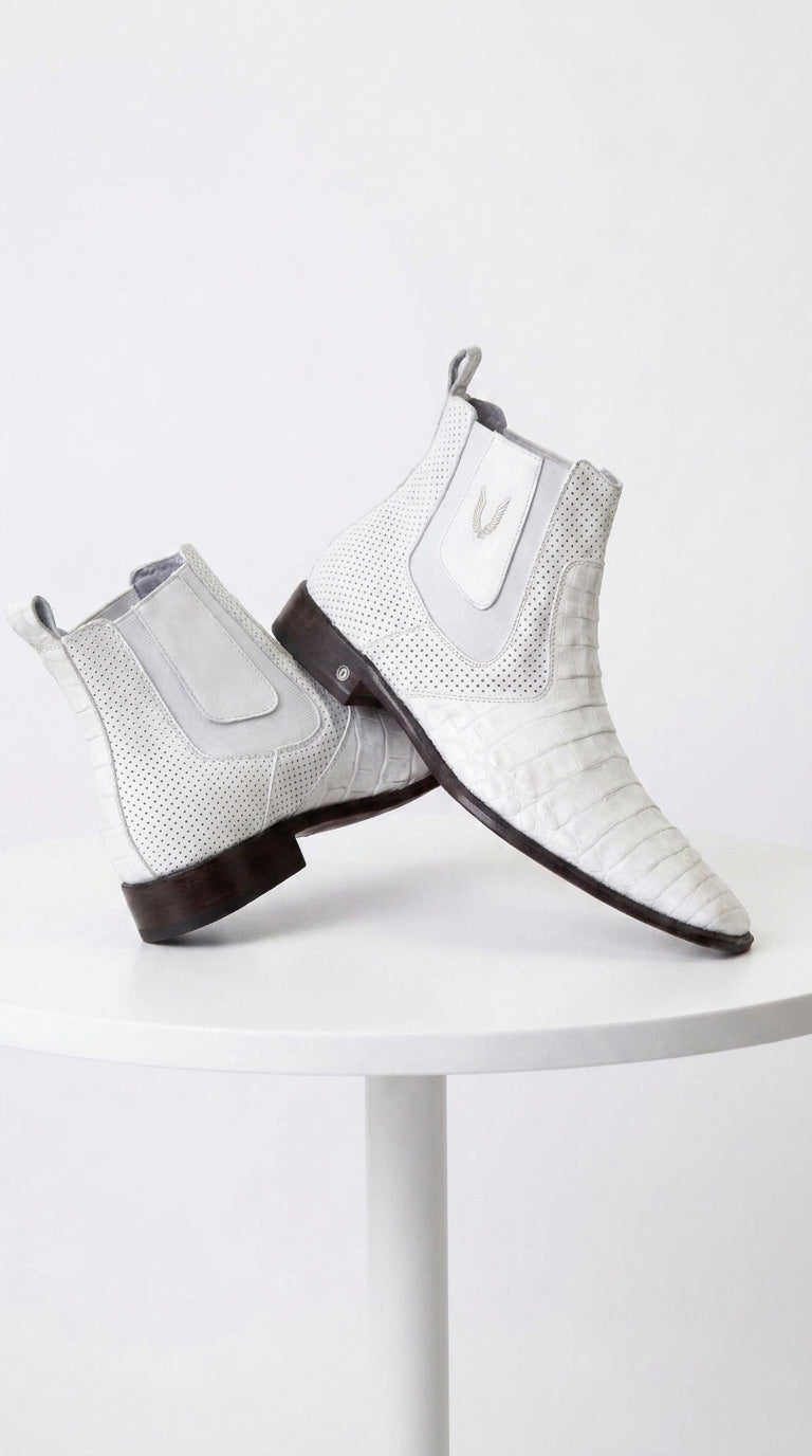 Men’s White Caiman Chelsea Boots, Handmade Exotic Dress Ankle Boots for Formal and Western Style