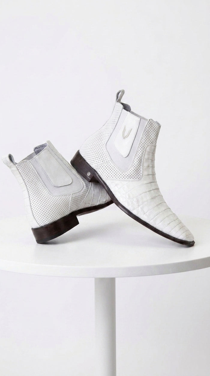 Men’s White Caiman Chelsea Boots, Handmade Exotic Dress Ankle Boots for Formal and Western Style
