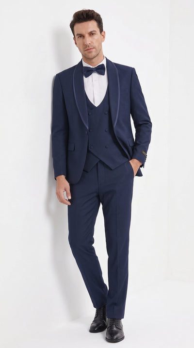 Men's Navy Blue 3-Piece Prom Tuxedo Suit – Satin Trim Shawl Lapel Wedding & Formal Dinner Suit