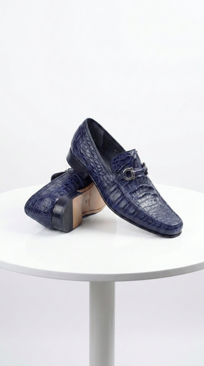 Men’s Navy Genuine Caiman Belly Loafers, Crocodile Texture Exotic Formal Dress Shoes