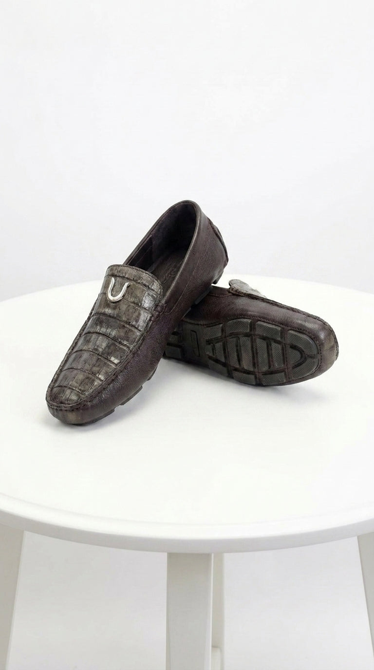Vestigium Men’s Brown Genuine Caiman Belly Loafers, Handcrafted Alligator Texture Dress Shoes