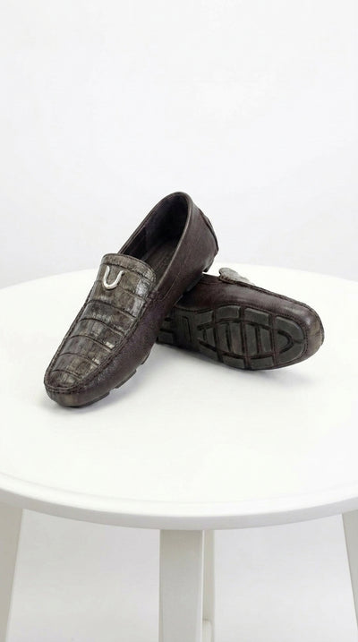 Vestigium Men’s Brown Genuine Caiman Belly Loafers, Handcrafted Alligator Texture Dress Shoes