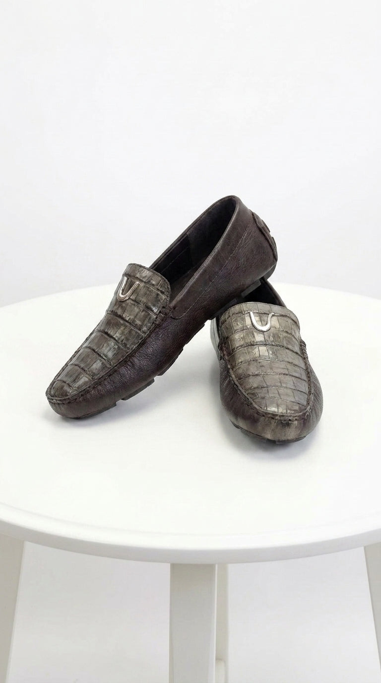 Vestigium Men’s Brown Genuine Caiman Belly Loafers, Handcrafted Alligator Texture Dress Shoes