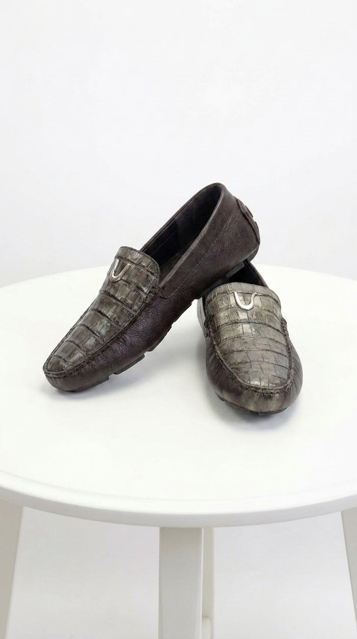 Vestigium Men’s Brown Genuine Caiman Belly Loafers, Handcrafted Alligator Texture Dress Shoes