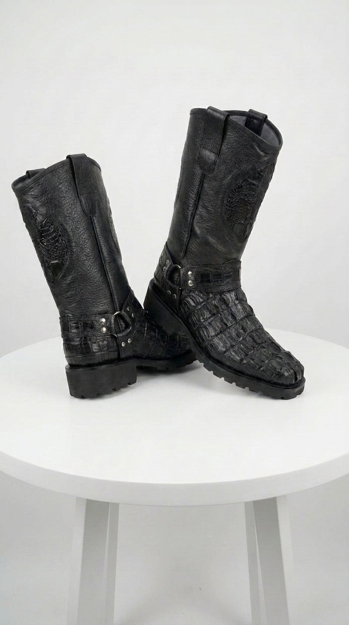 Los Altos Men’s Black Caiman Tail Skin Biker Boots, Exotic Western Motorcycle Boots