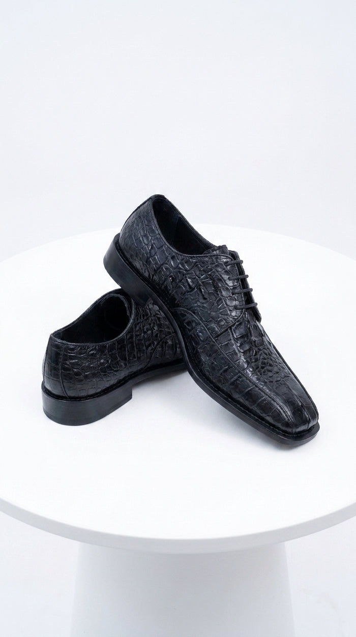 Los Altos Men’s Black Gator Belly Dress Shoes, Exotic Lace-Up Formal Shoes