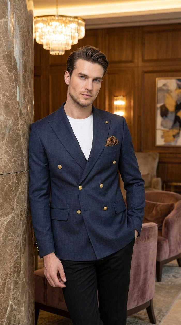 Men’s Navy Blue Double Breasted Wool Blazer with Gold Buttons, Formal Dress Sport Coat