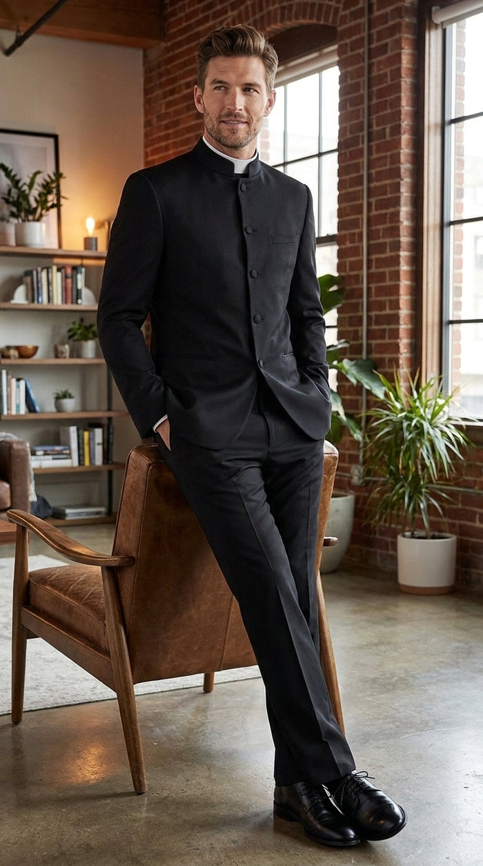 Men’s Black Mandarin Banded Collar Tuxedo, 5 Button Formal Wedding Prom Suit